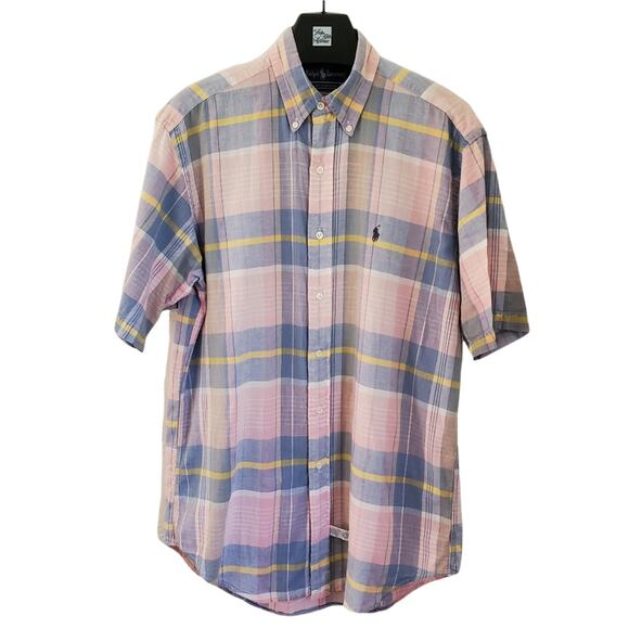 Ralph Lauren Short Sleeve Button Down Shirt Blue Pink Yellow Plaid Medium - Picture 1 of 5